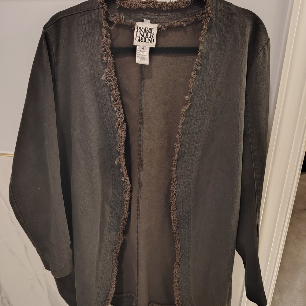 Prairie Underground dark Denim Distressed Trim Long Open Jacket - Picture 15 of 15